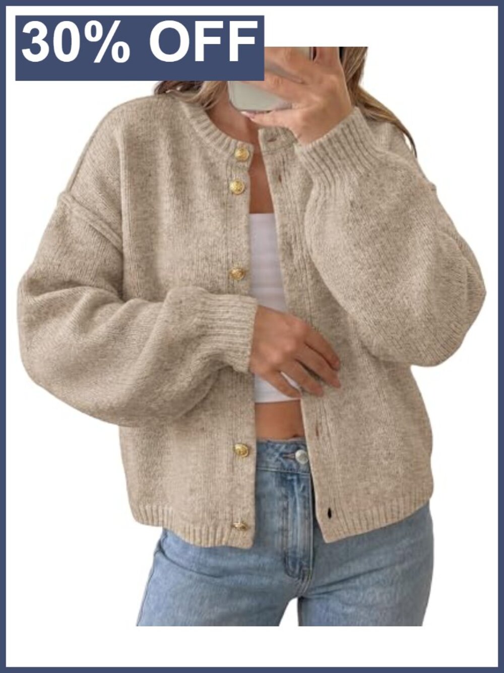 Chunky Knit Button Up Cardigan Sweater Lantern Sleeve Crew Neck